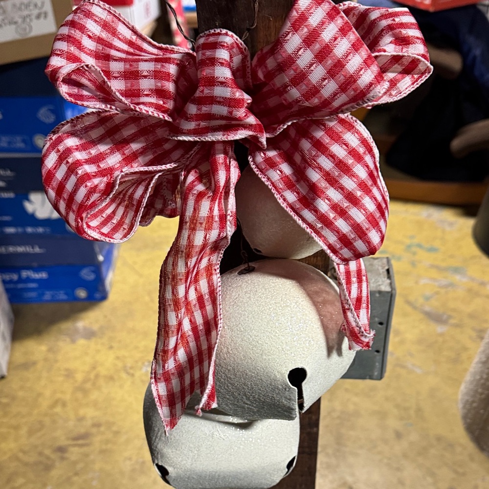 Red and White Checkered Bow with White Bells
